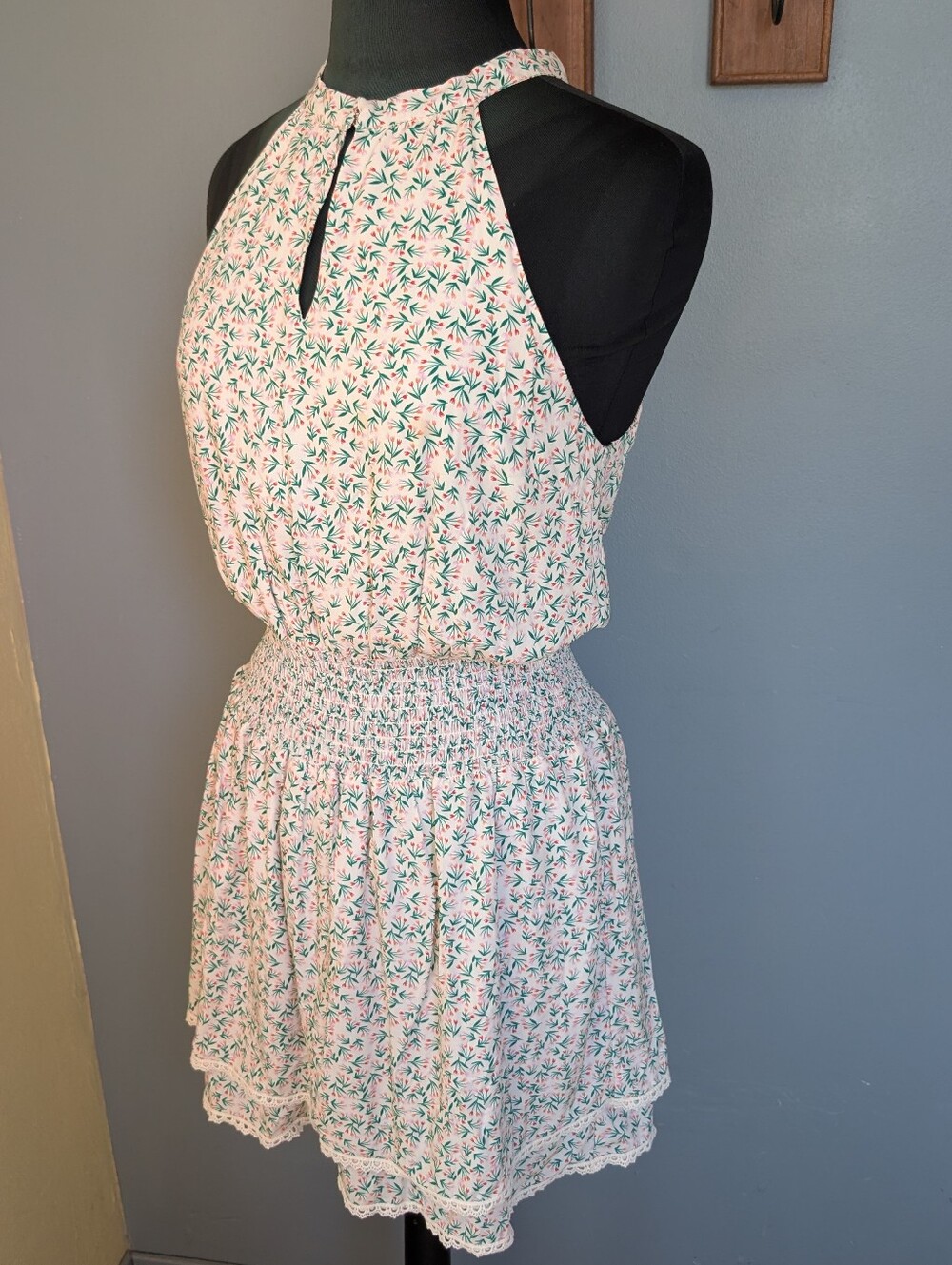 NWT Koko + Mason Floral Halter Smocked Waist Summer Dress - Pink & Green